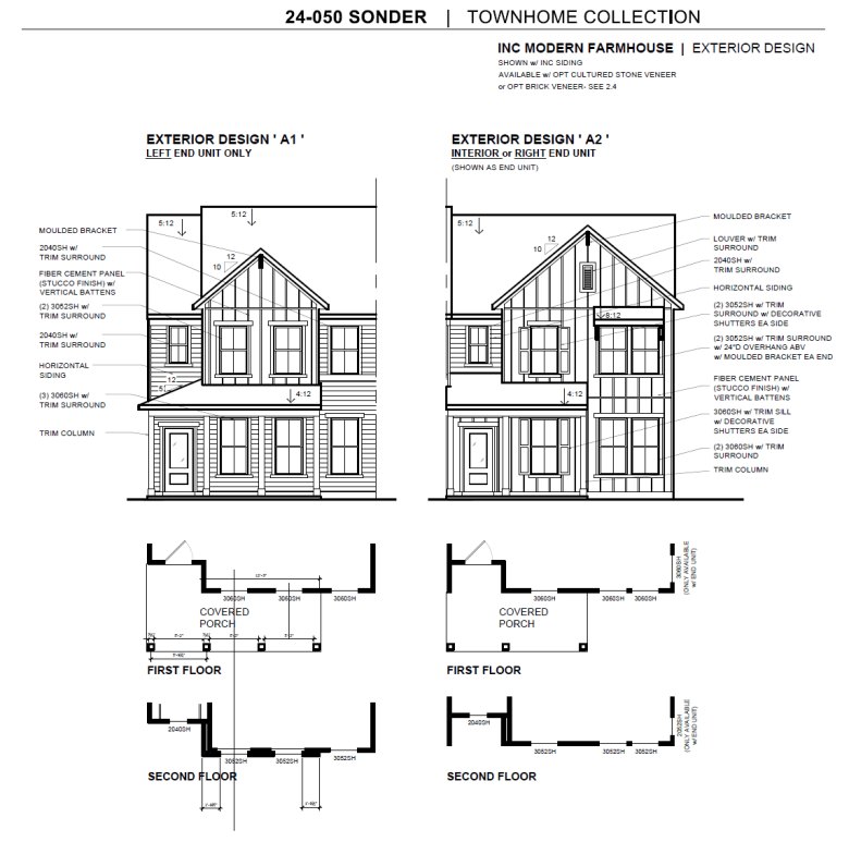 Architectural elevation drawings and floor plans for a modern farmhouse-style townhome collection.