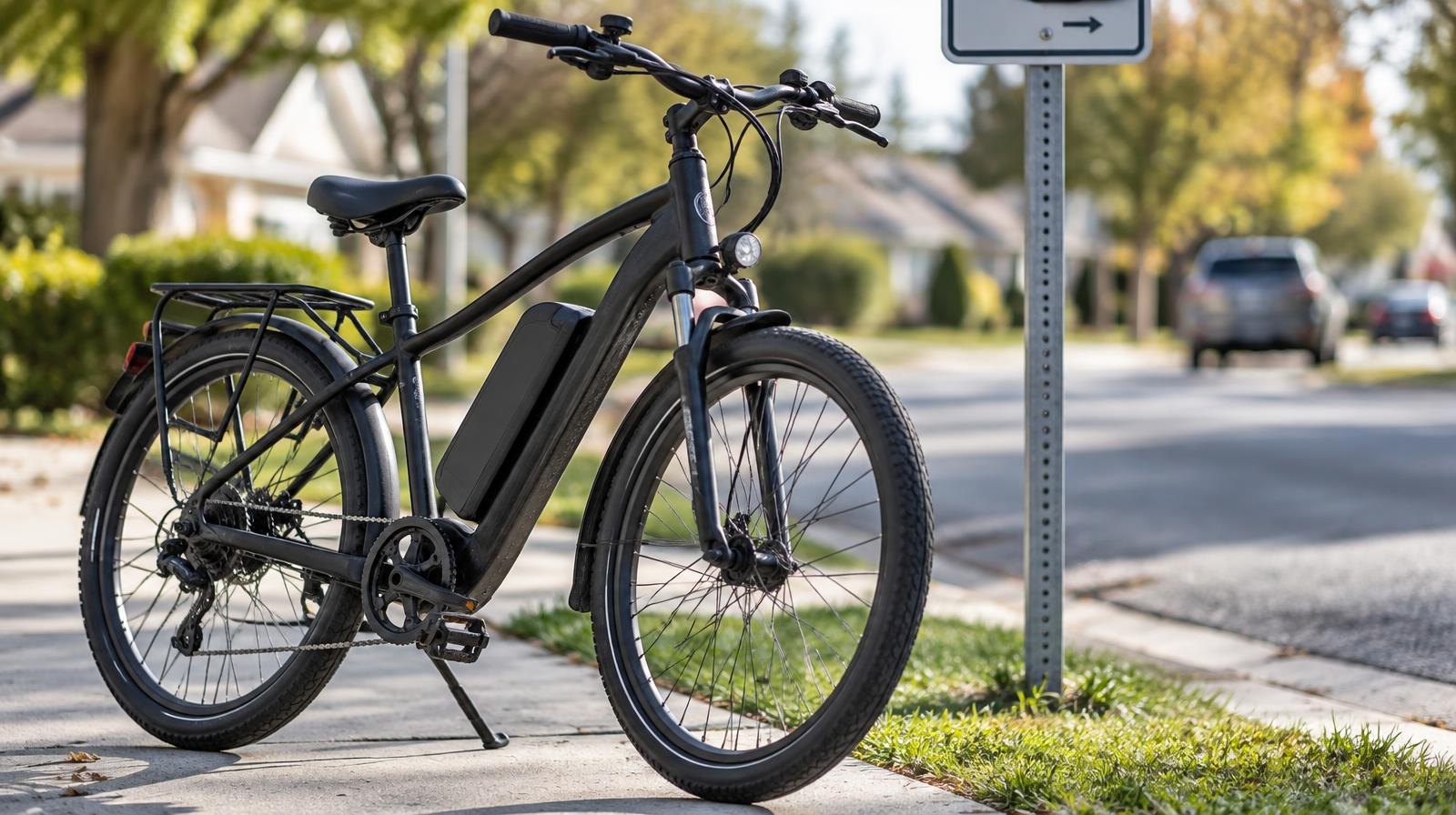 Black electric bicycle with battery pack parked on a sidewalk near a street sign.