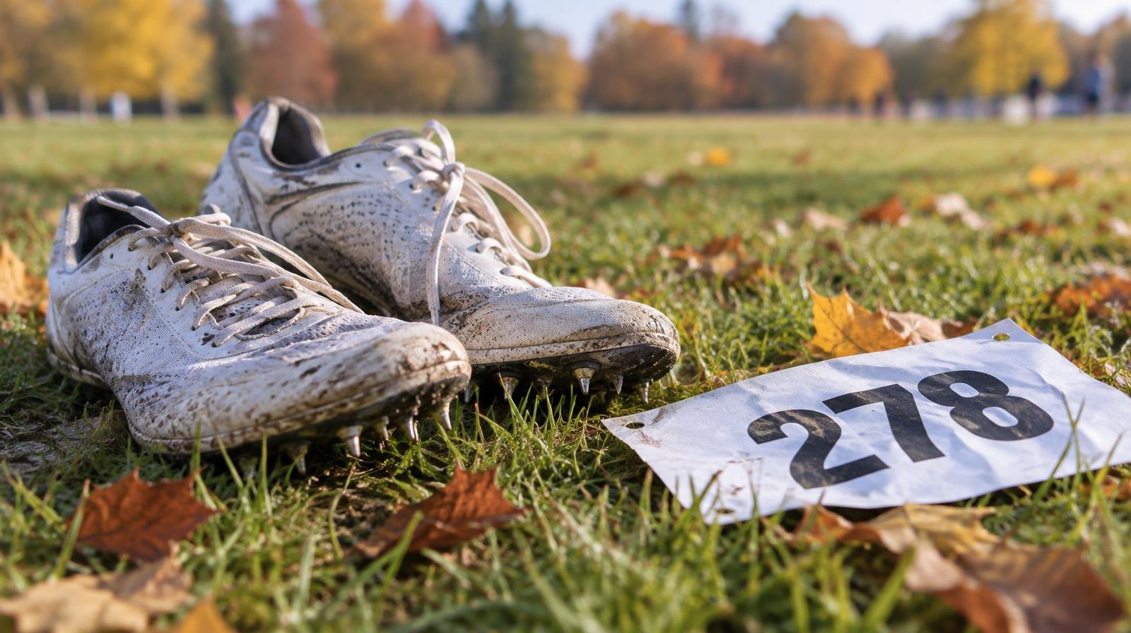 A pair of cross country running spikes and a race bib number rest on green grass.
