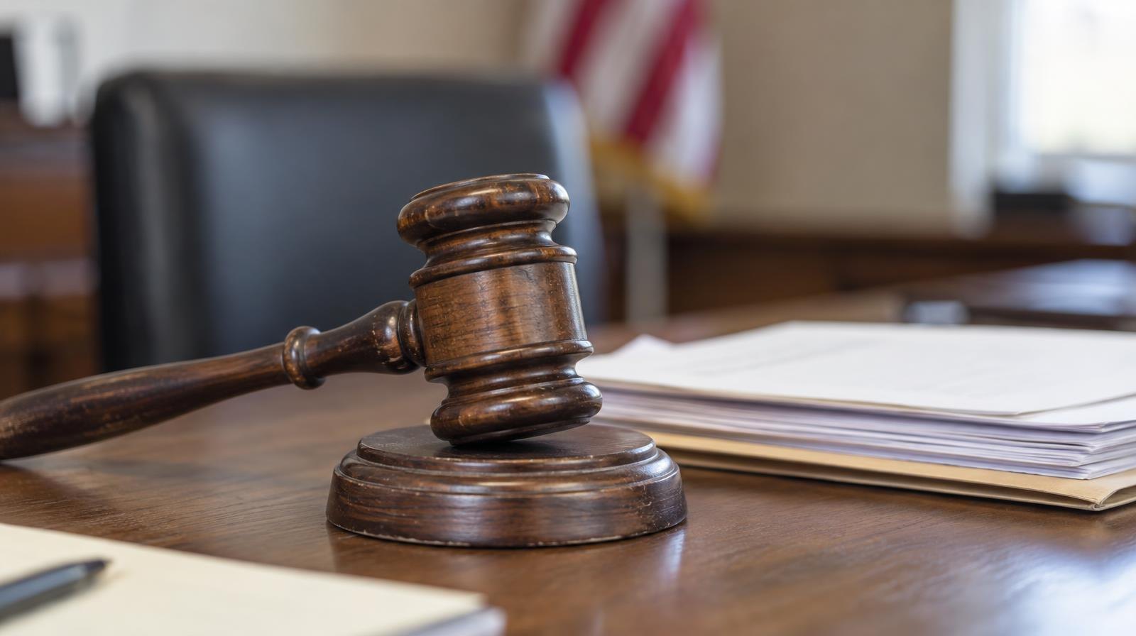 A wooden gavel resting on its sound block beside stacked papers on a table.