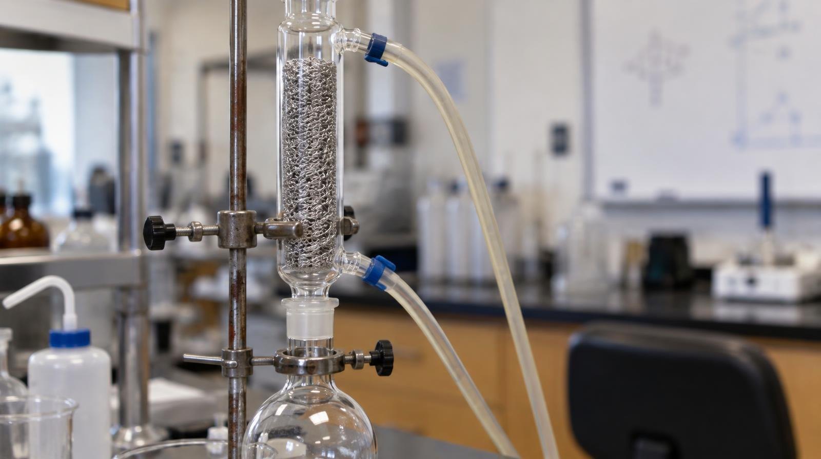Glass distillation column with wire mesh packing mounted on a laboratory stand with a round-bottom flask.