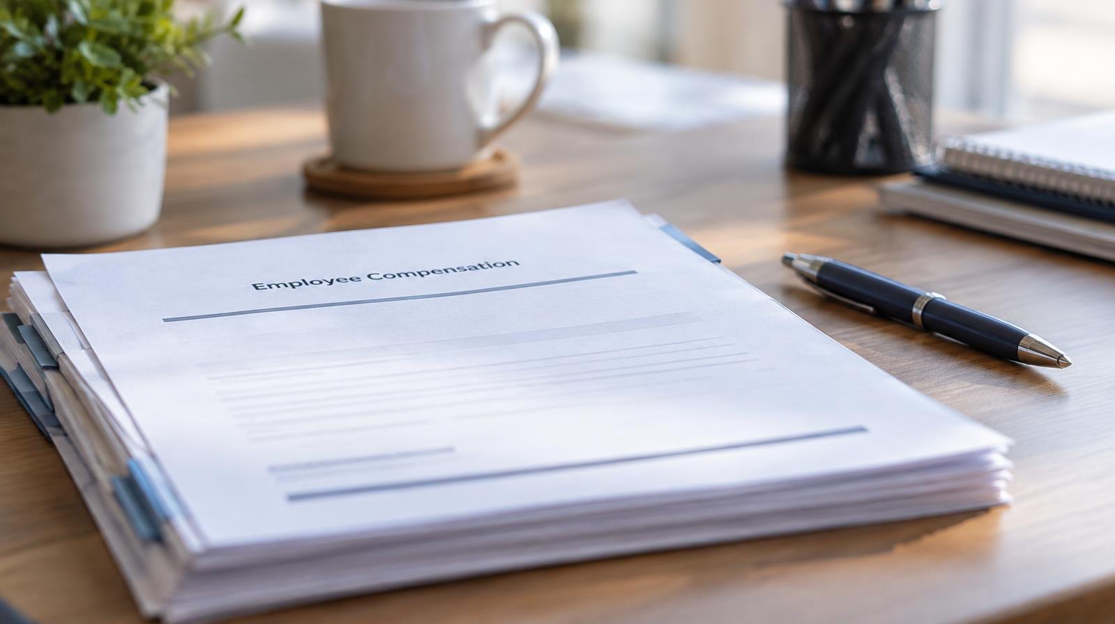Stack of official documents and a pen resting on a desk.