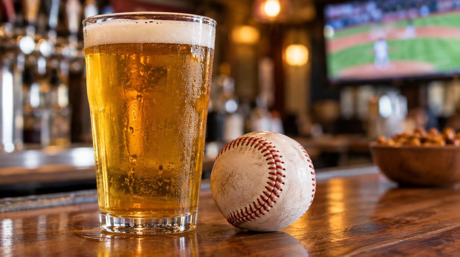A full pint glass of golden beer beside a baseball on a wooden bar.