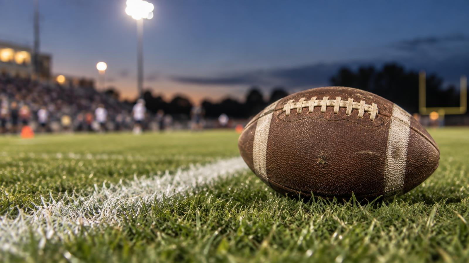 An American football resting on green grass beside a white yard line under bright stadium lights.
