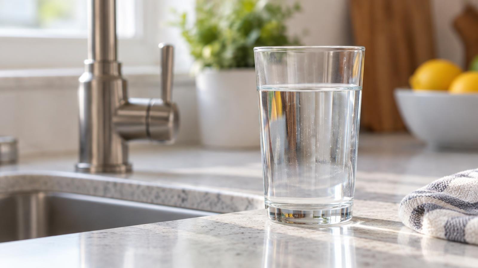 A clear glass of water on a counter next to a stainless steel kitchen faucet.