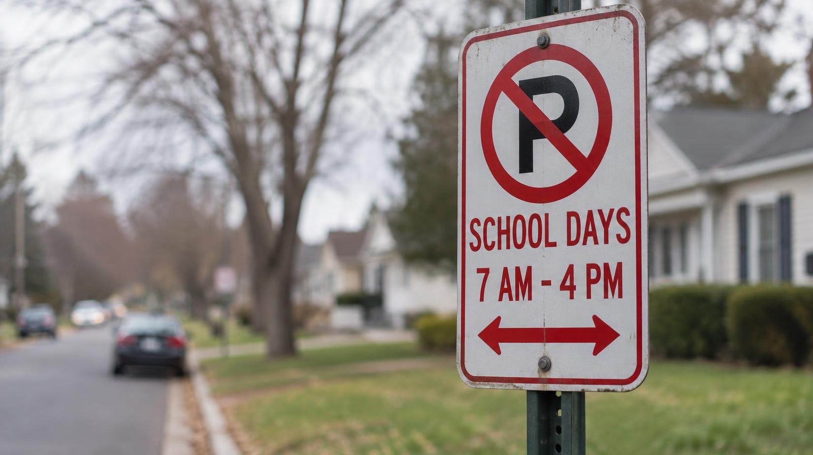 A municipal parking restriction sign posted on a suburban residential street.