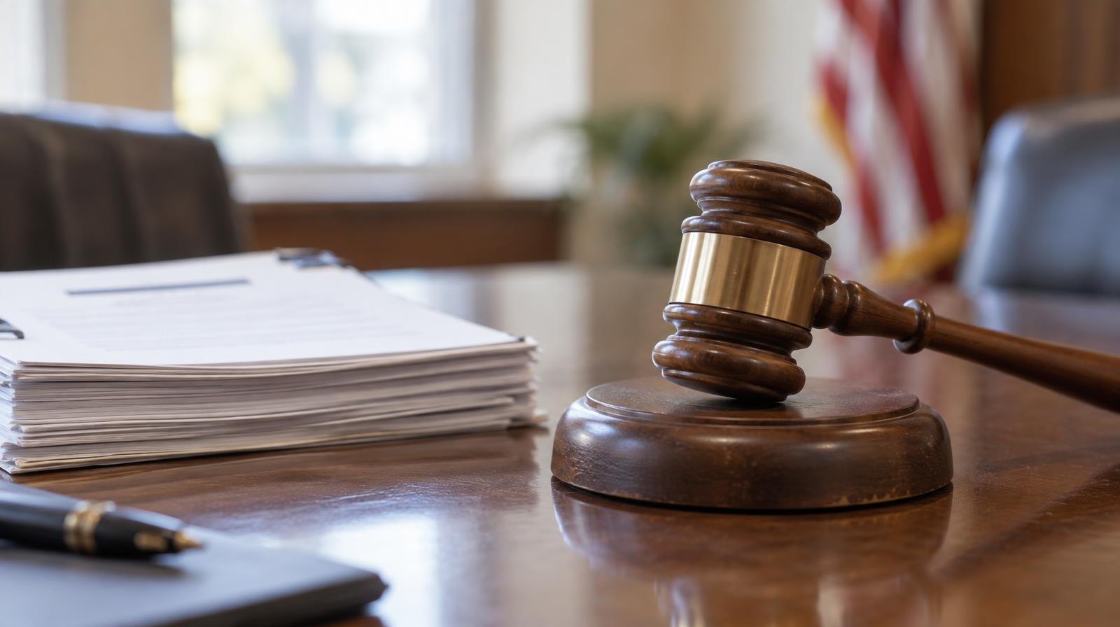Wooden gavel on its sound block next to stacked documents on a polished table.