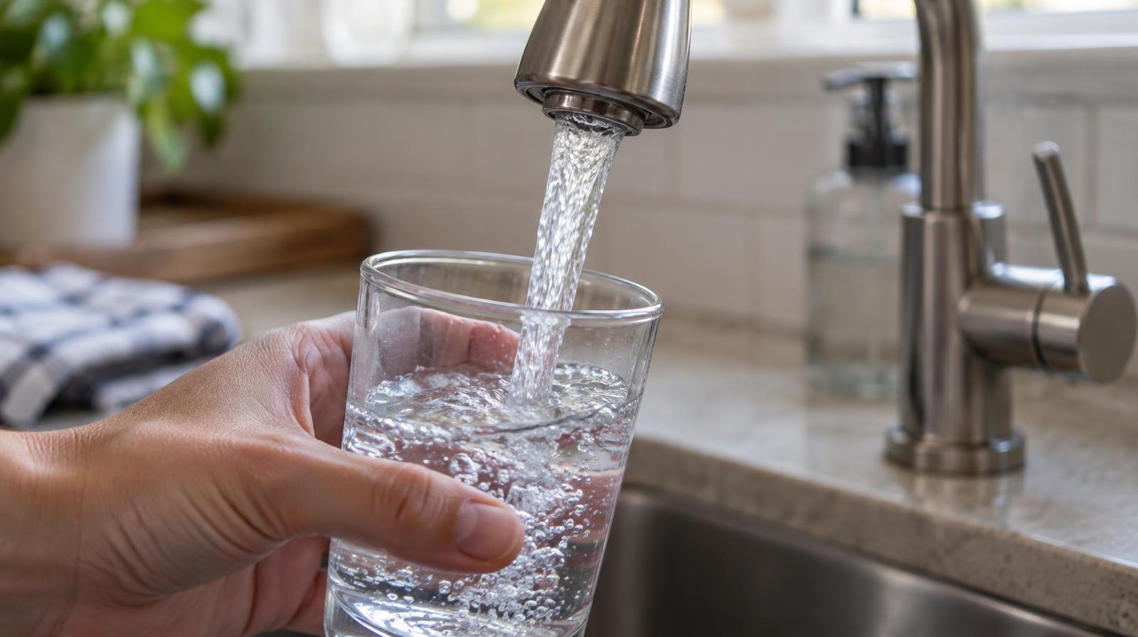 Clear water flowing from a faucet into a drinking glass.