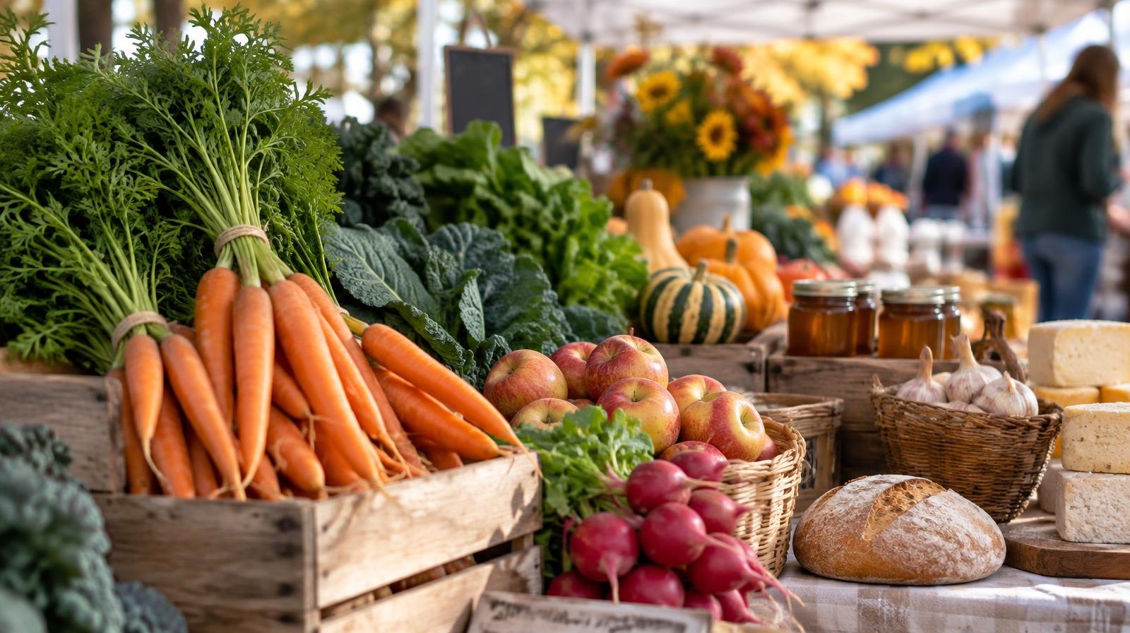 Colorful outdoor market stall with fresh produce and goods on a wooden table under a canopy.