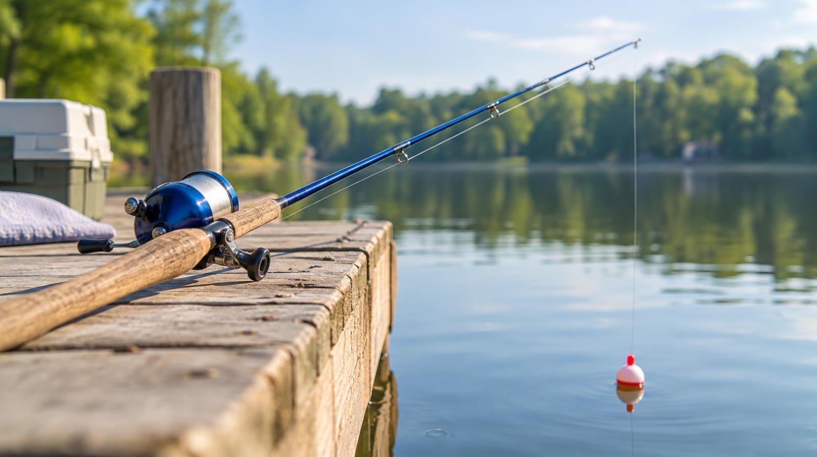A fishing rod resting on a wooden dock with a red and white bobber floating on calm water.
