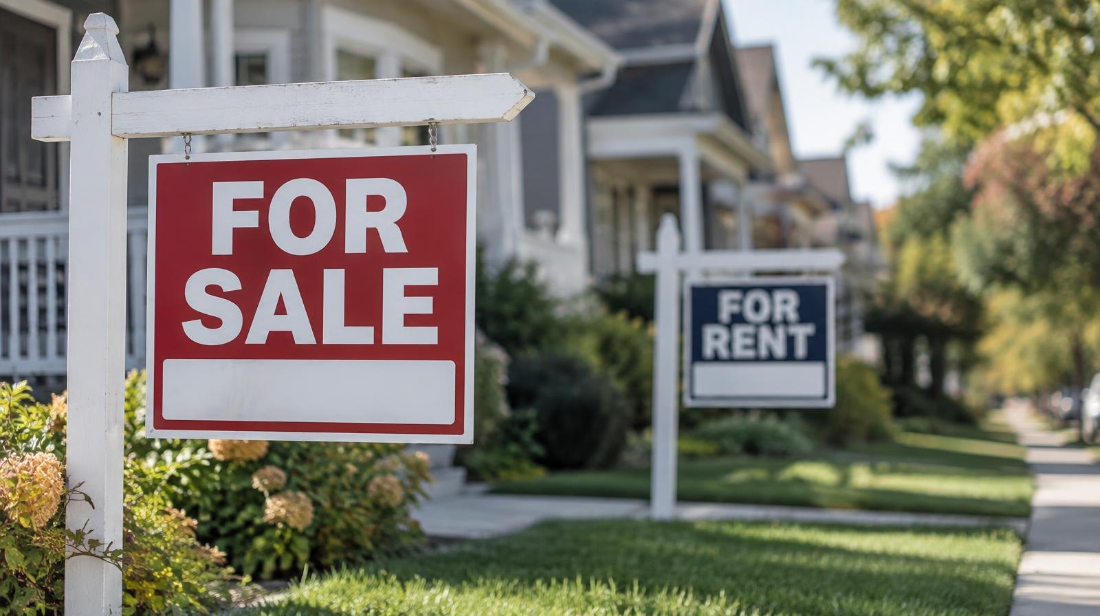 Row of small suburban houses with for-sale and for-rent signs in front yards.