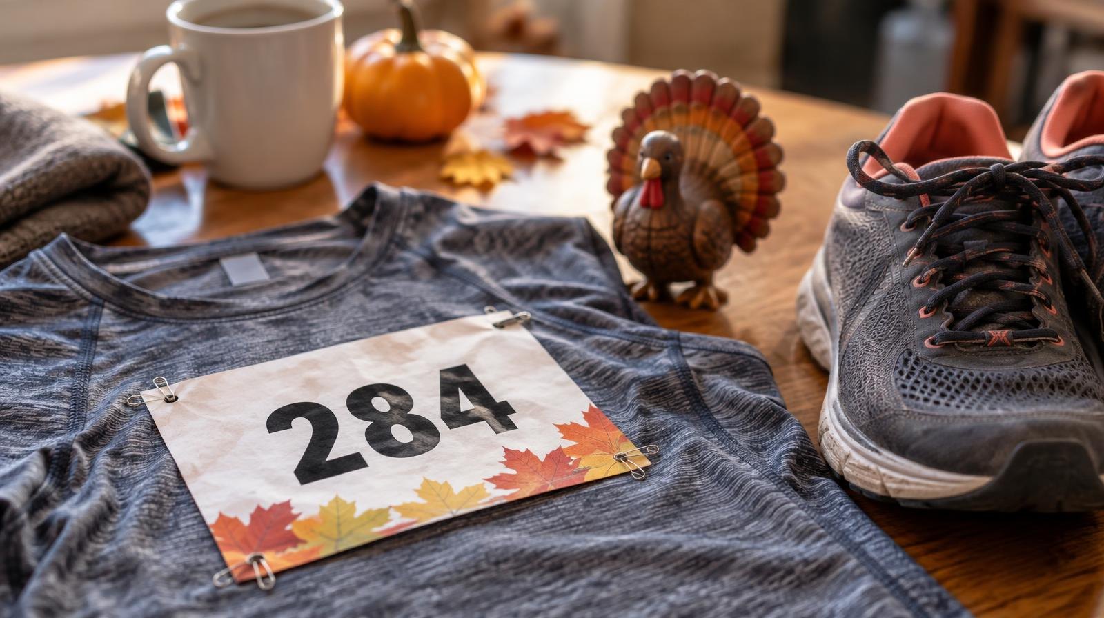 Race bib pinned to a shirt beside running shoes and a small turkey figurine.