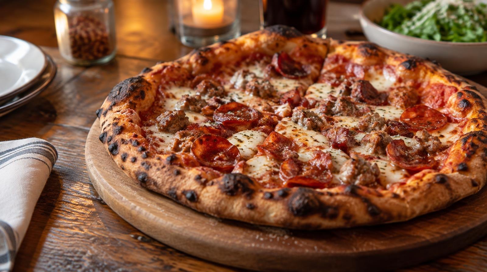 A whole pizza with charred crust and melted cheese on a round wooden board.