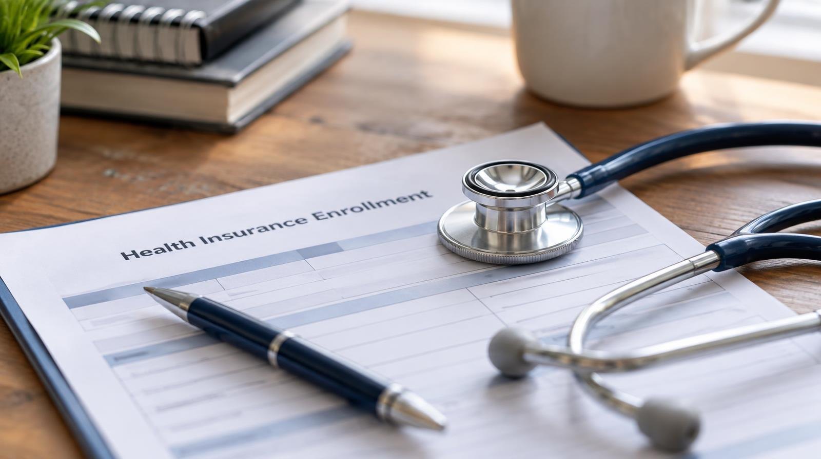 A stethoscope and pen resting on a health insurance enrollment form on a wooden desk.
