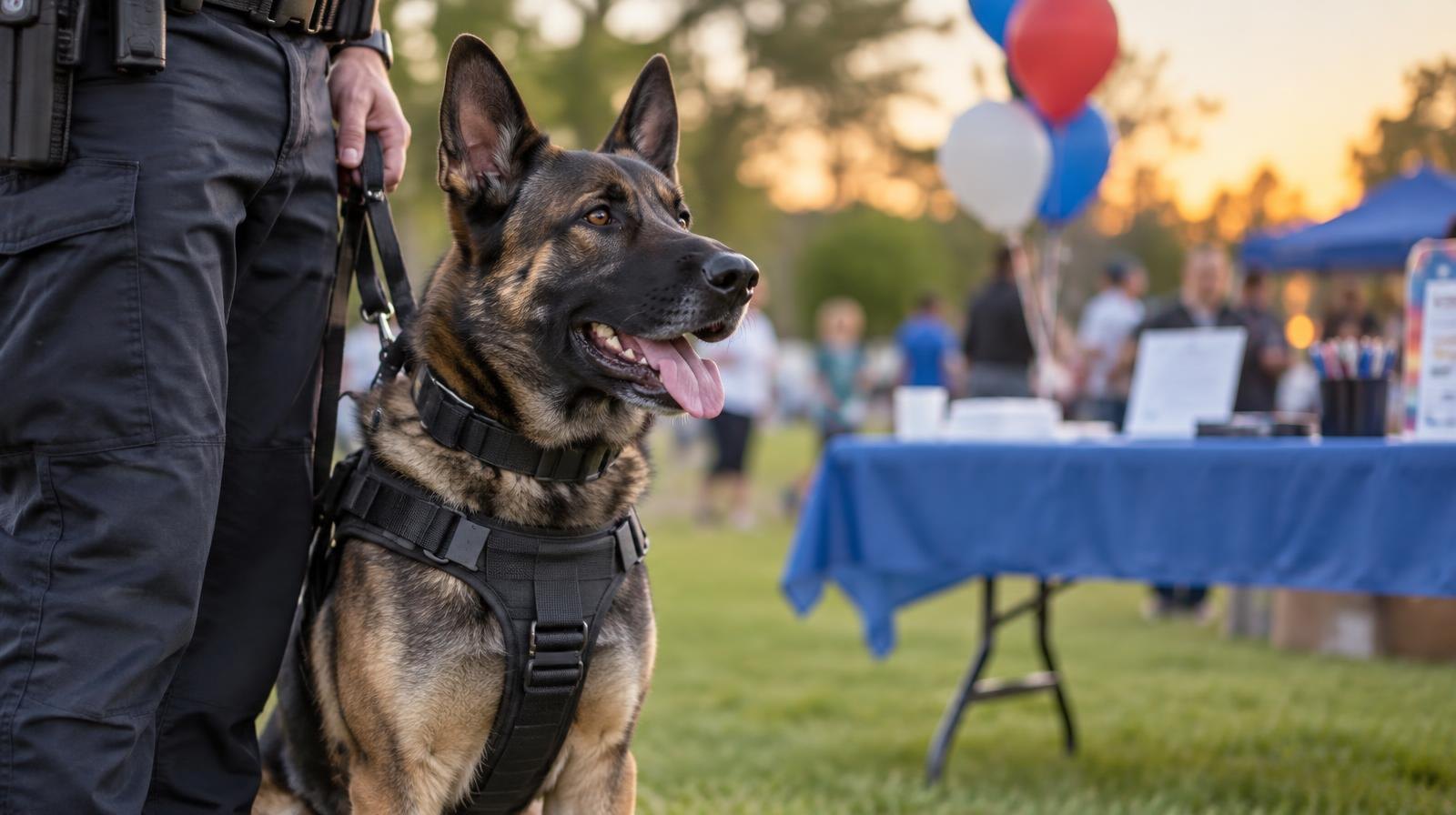 A dog sits beside a uniformed officer's leg near balloons at an outdoor event.