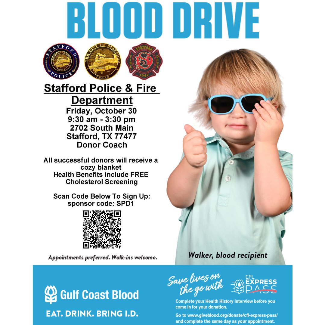 Flyer advertising a blood drive hosted by Stafford Police and Fire departments.