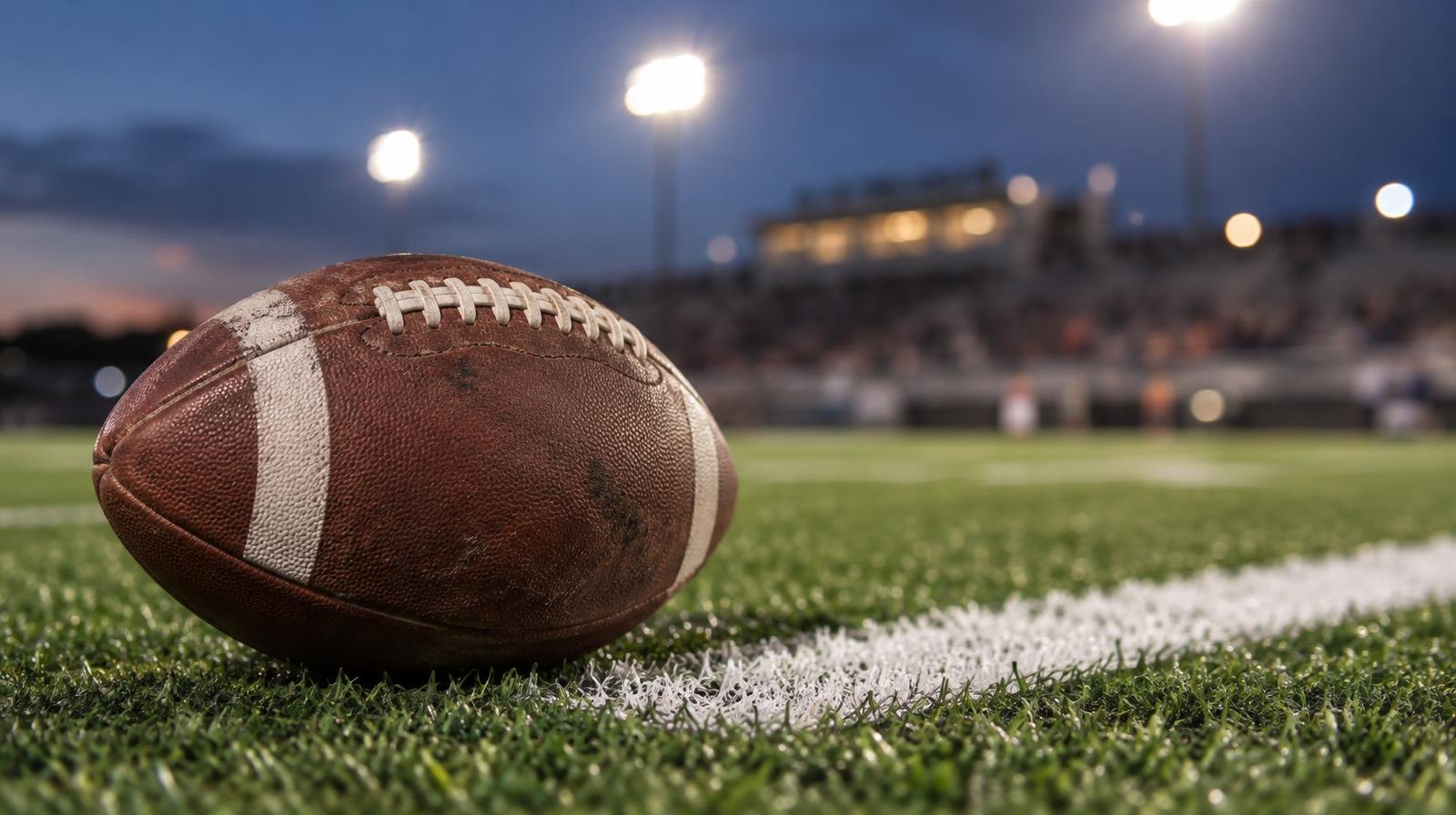 An American football resting on green artificial turf beside a white yard line.