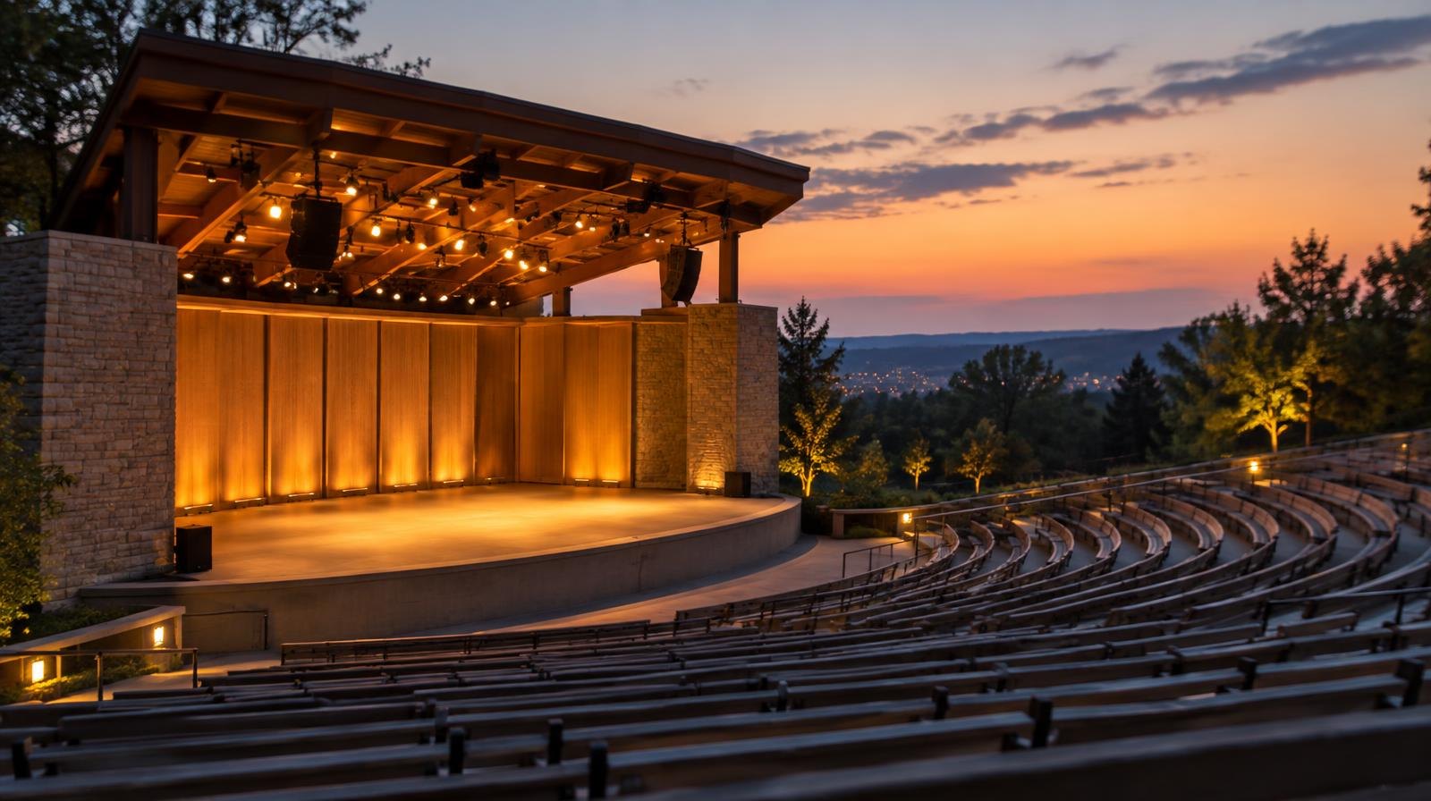 Empty outdoor amphitheater stage with tiered seating under twilight sky.