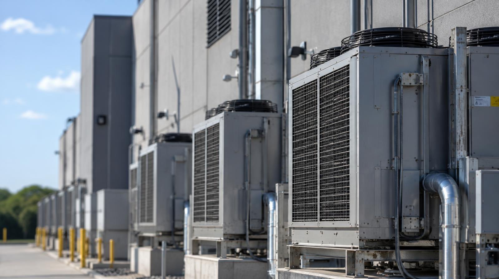 Rows of industrial cooling units along the exterior wall of a data center building.