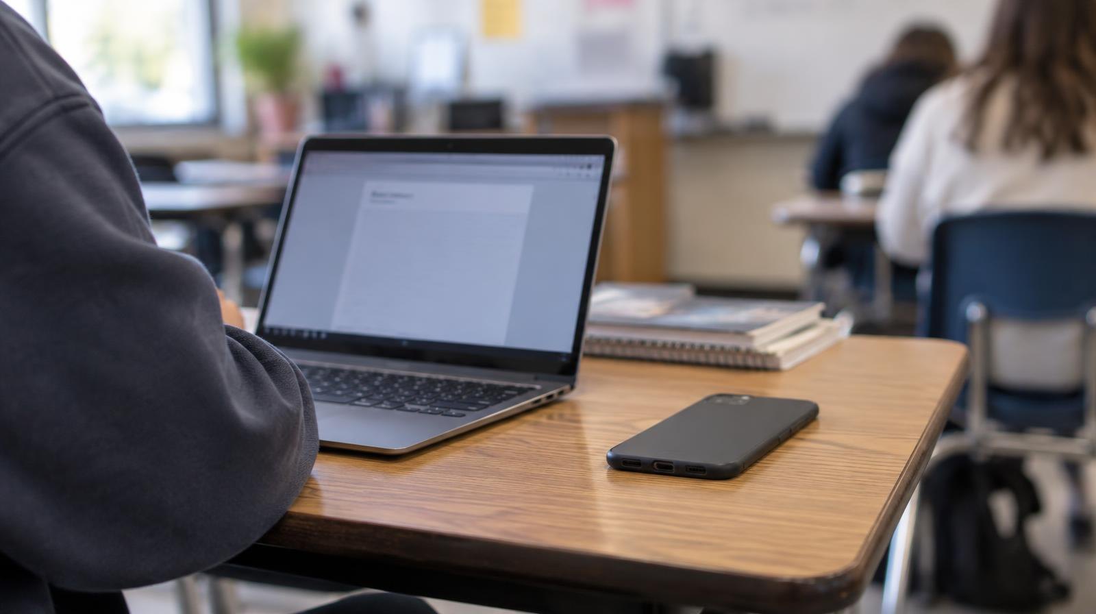 An open laptop computer beside a face-down smartphone on a wooden school desk.