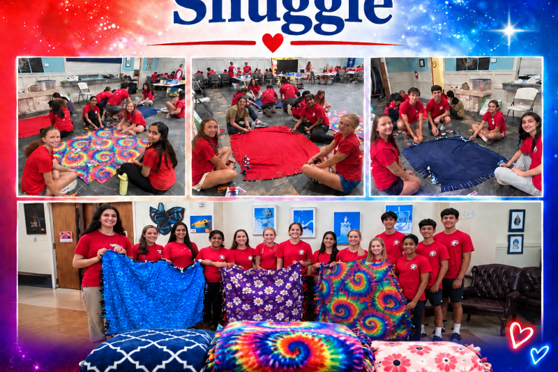 Teenagers in matching red shirts make colorful fleece blankets together at tables and on the floor.