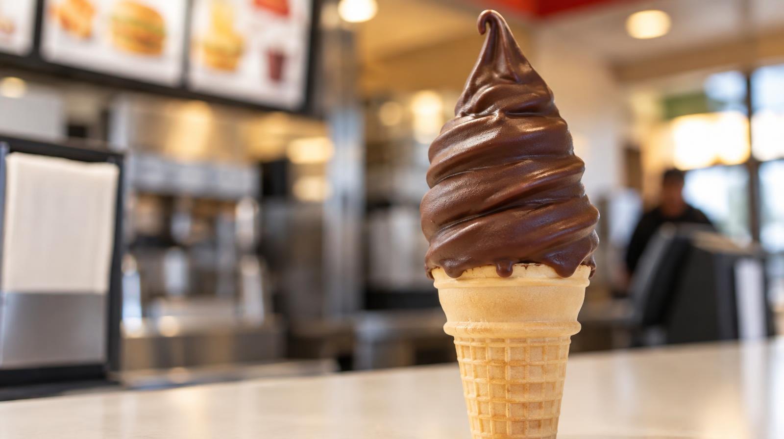 Chocolate-dipped soft-serve ice cream cone on a counter.