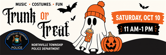 Event banner featuring Halloween cartoon characters and the Northville Township Police Department seal.
