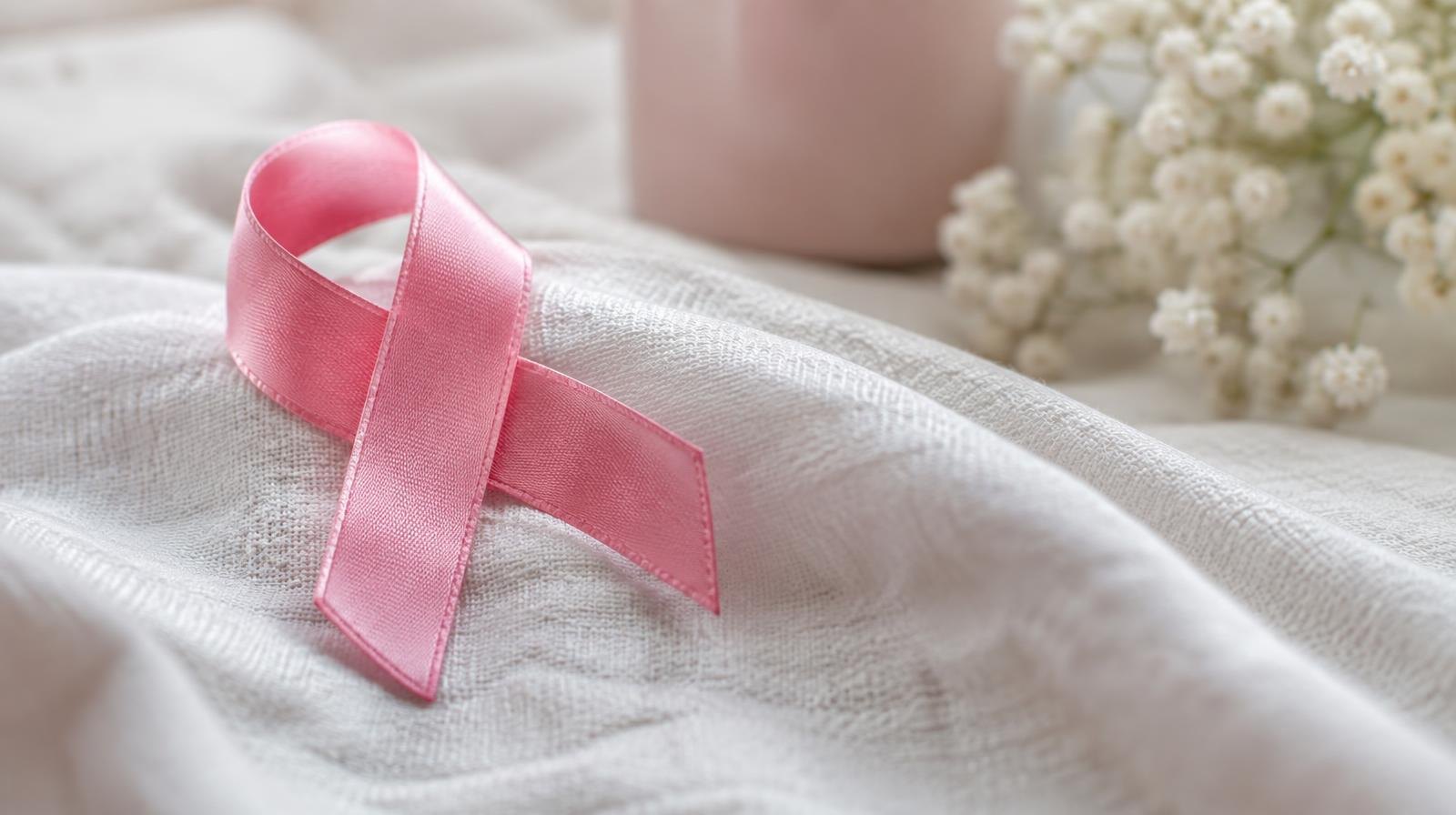 A pink ribbon resting on soft white fabric in natural light.