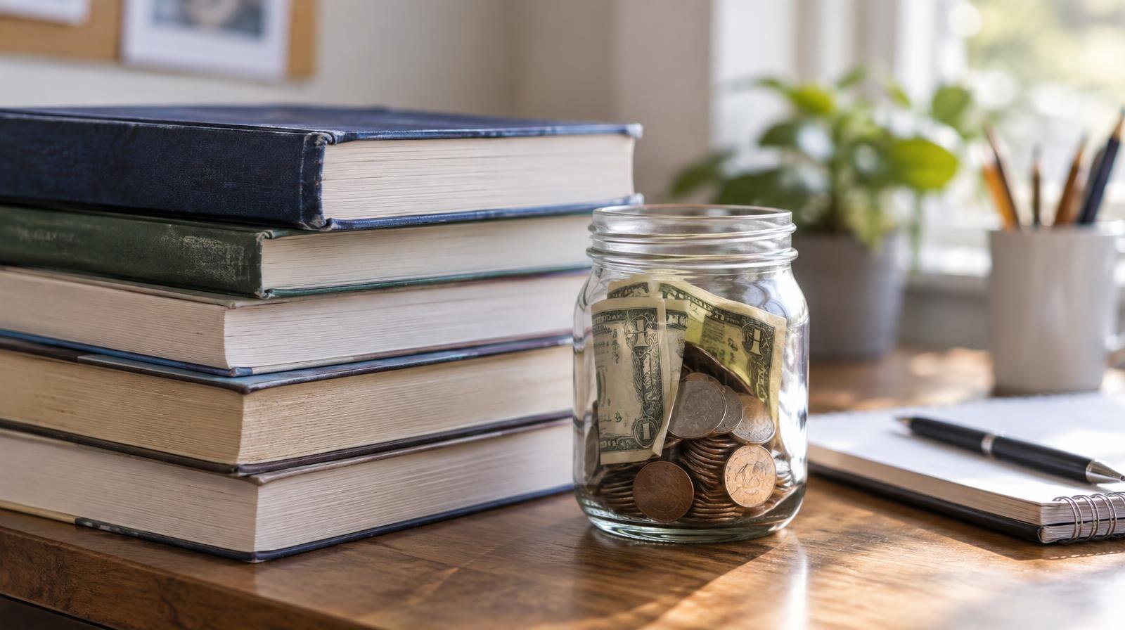 Stack of textbooks next to a glass jar of coins and folded dollar bills on a wooden desk.
