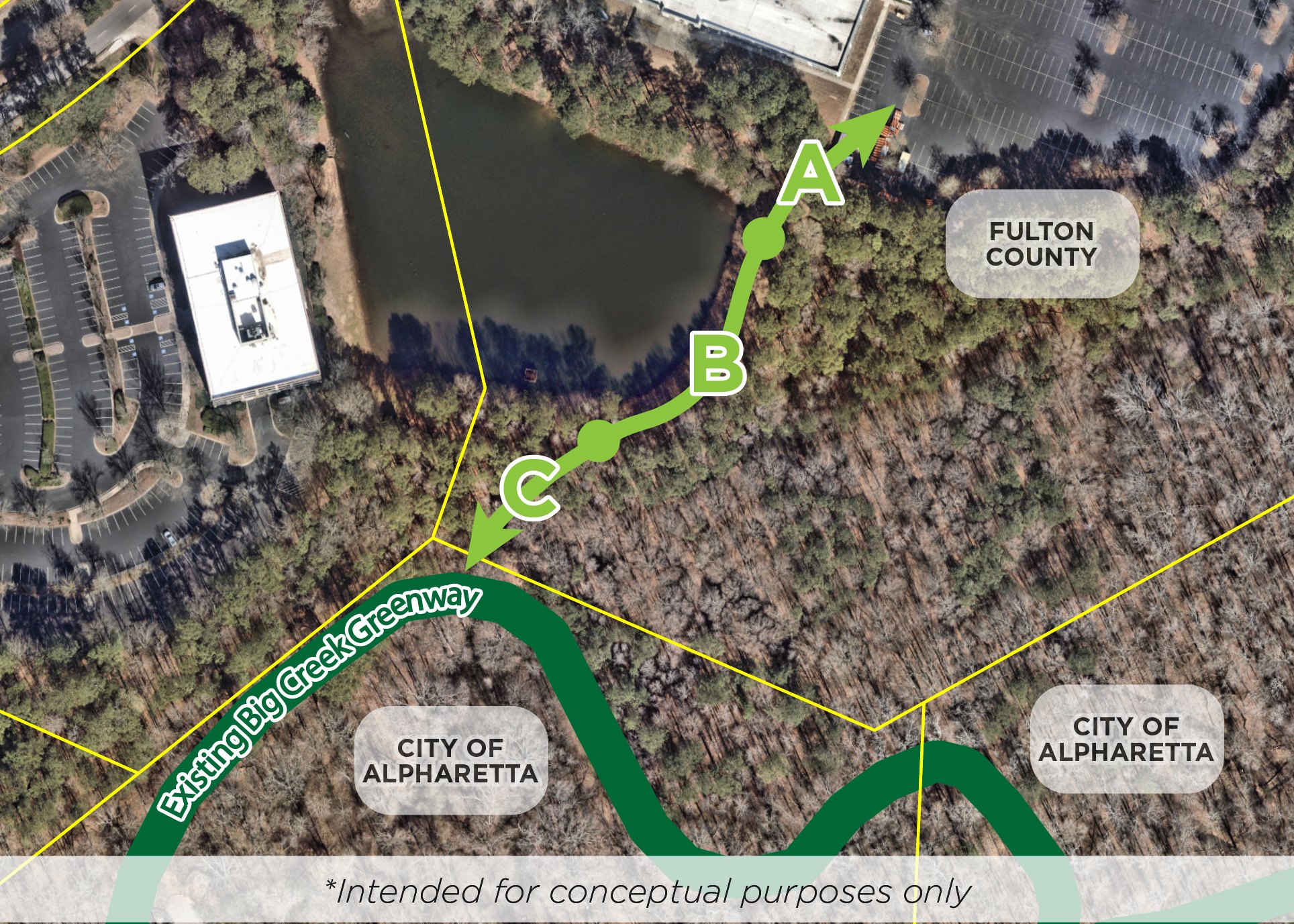 Aerial map showing three proposed trail route options connecting a building to a greenway.