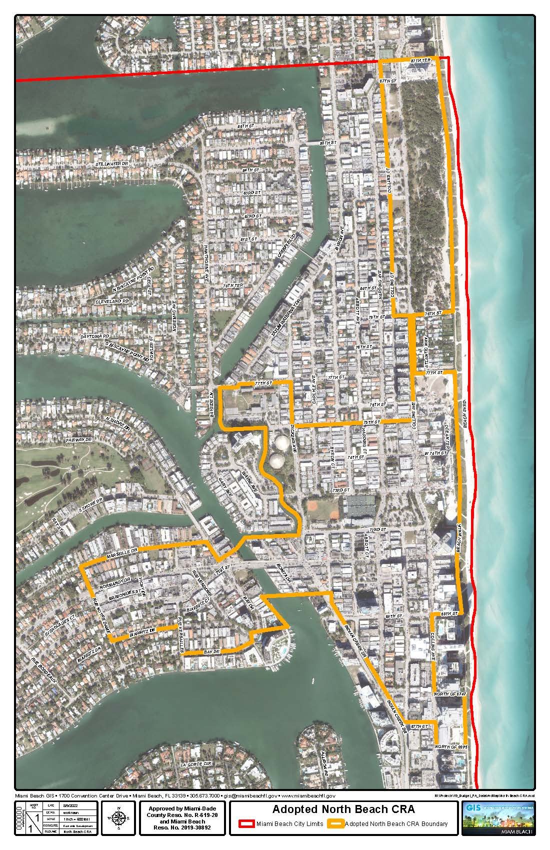 Aerial satellite map showing the North Beach CRA district boundary outlined in orange and red lines.