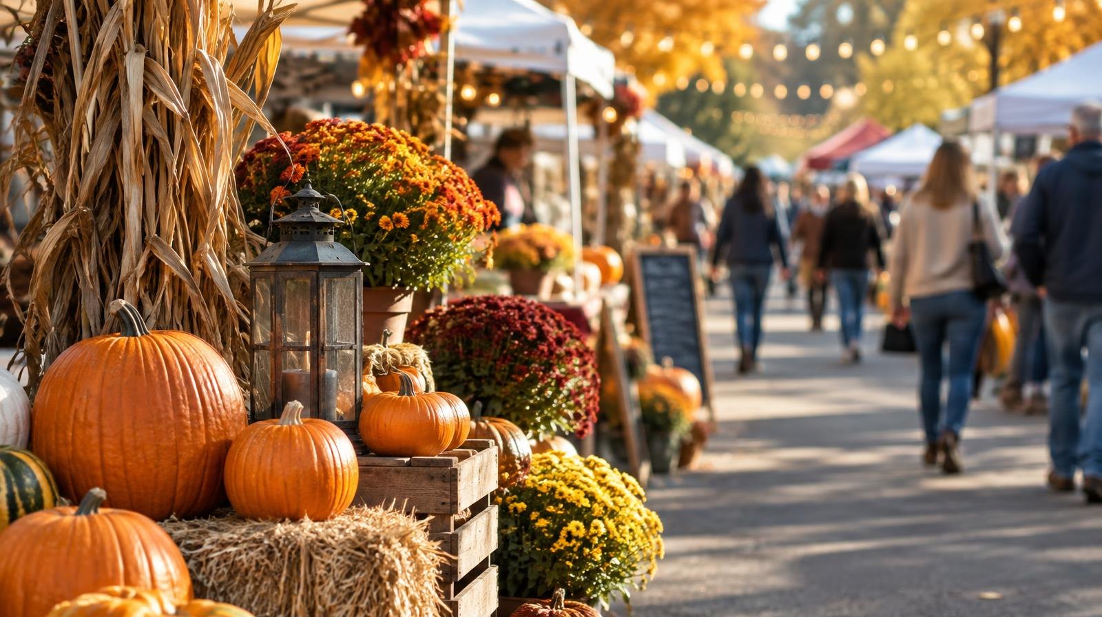 Colorful vendor tents lining a closed street with autumn decorations and string lights overhead.