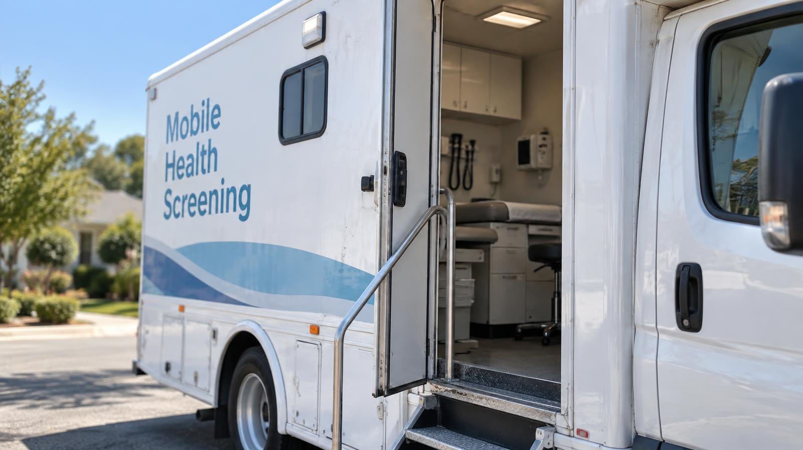 White mobile medical screening truck parked outdoors with side door open.