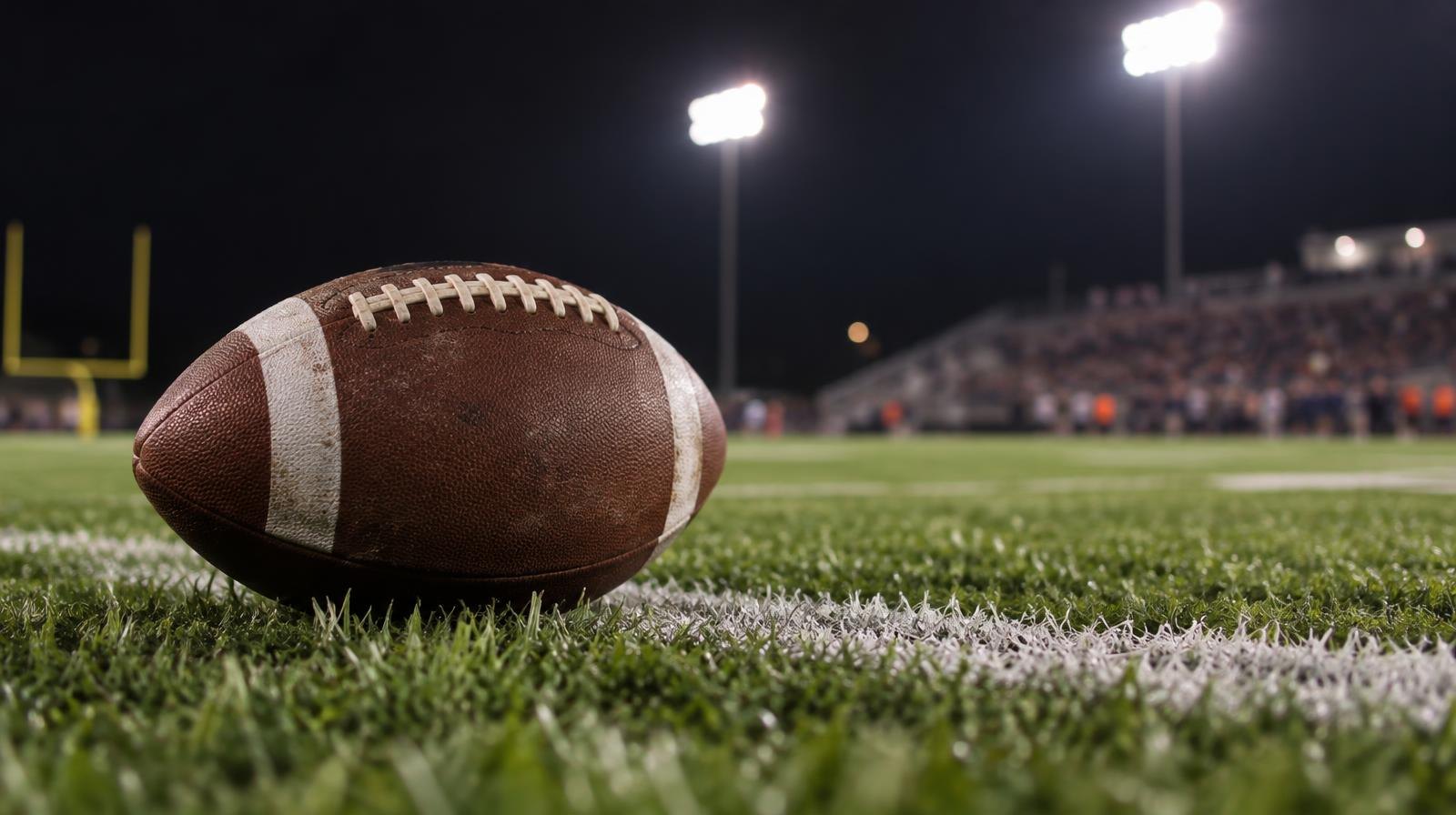 A brown football resting on a white yard line on a green grass field at night.