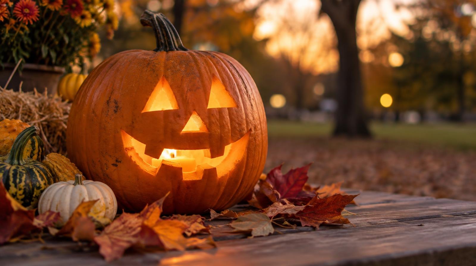 A glowing carved pumpkin surrounded by autumn leaves and small gourds.