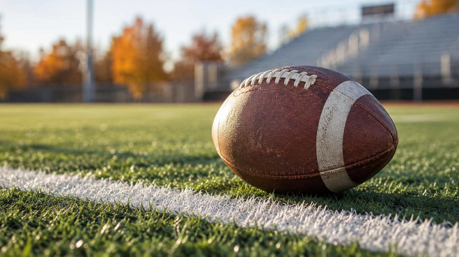 An American football resting on green artificial turf beside a white yard line.