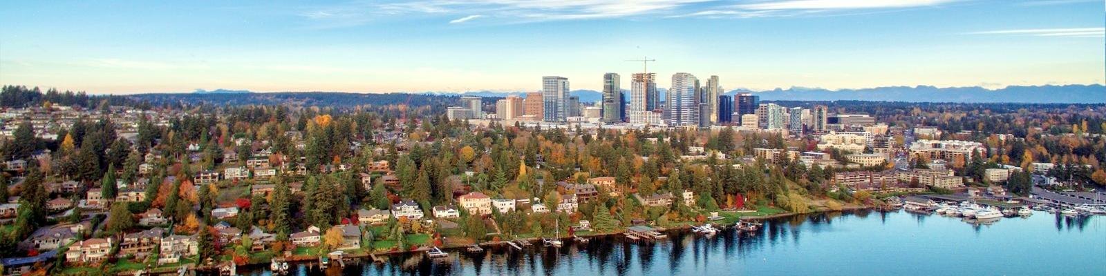 Aerial panoramic view of a city skyline with high-rise buildings, autumn foliage, a marina, and mountains in the background.
