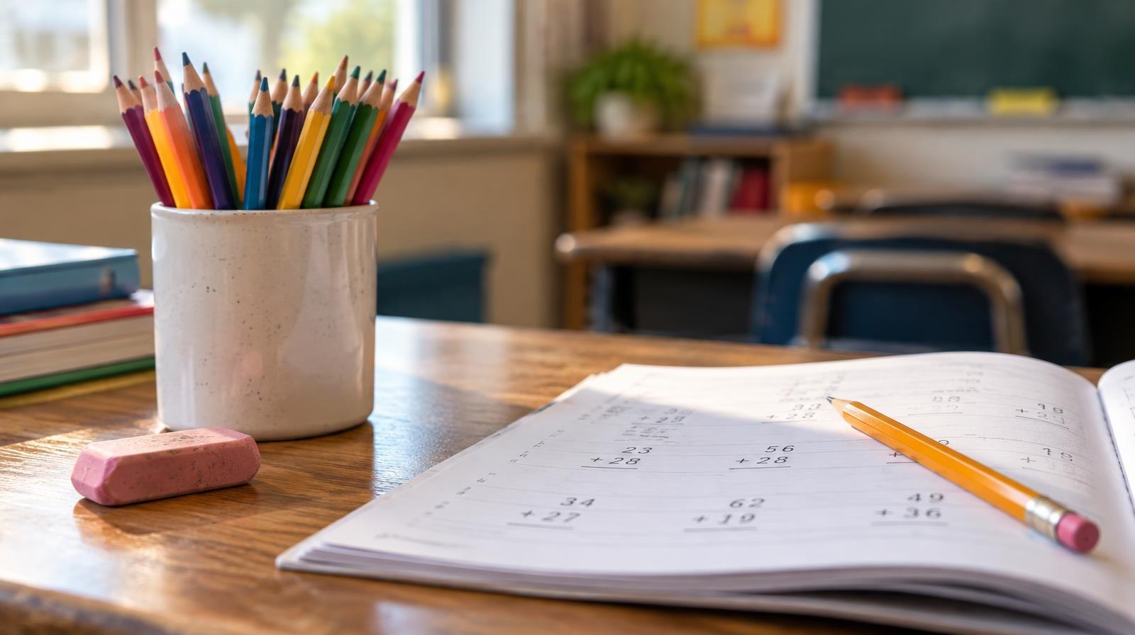 Colorful pencils lined up beside an open math workbook on a wooden desk.