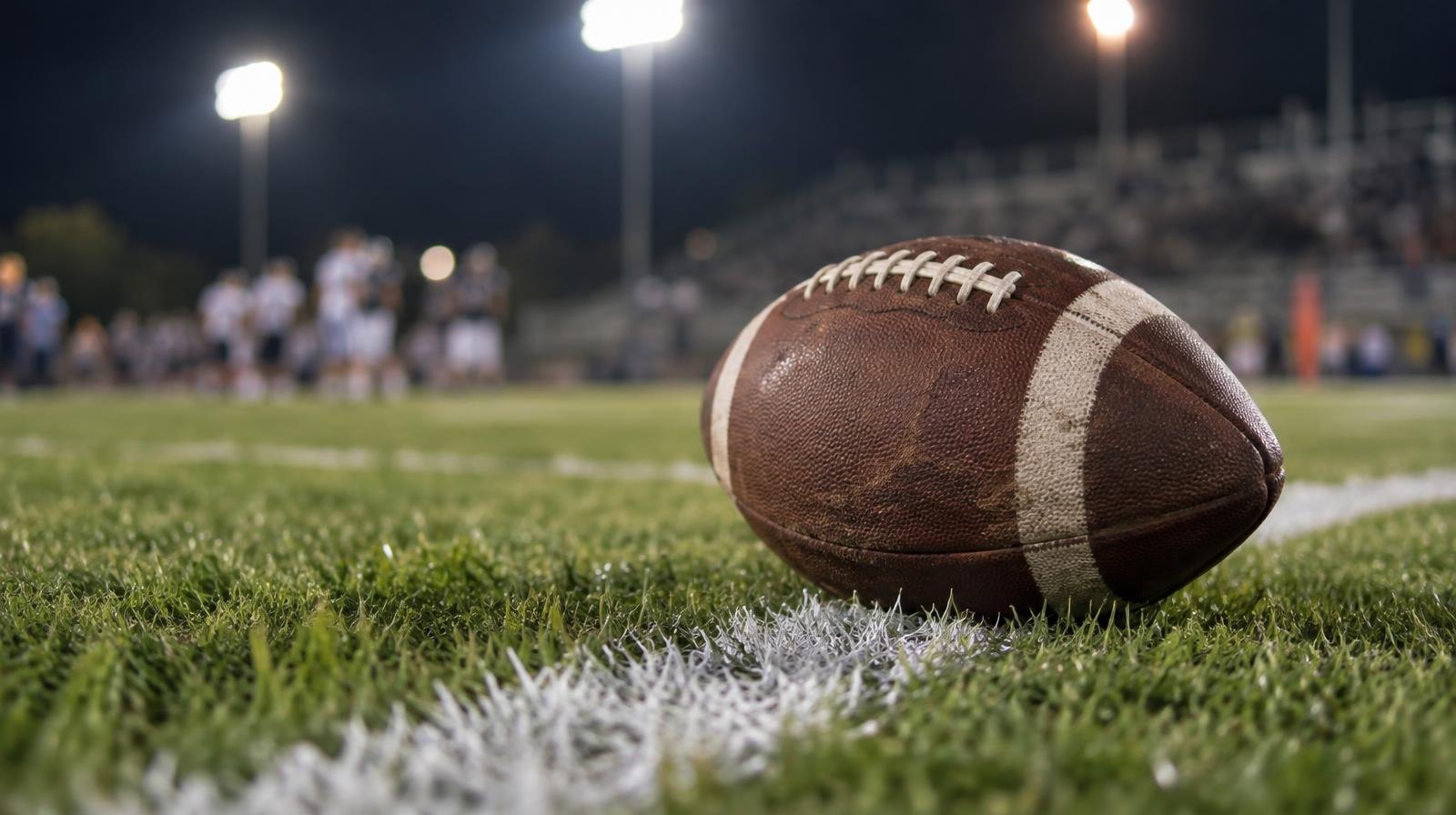 An American football resting on green grass beside a white yard line under stadium lights.