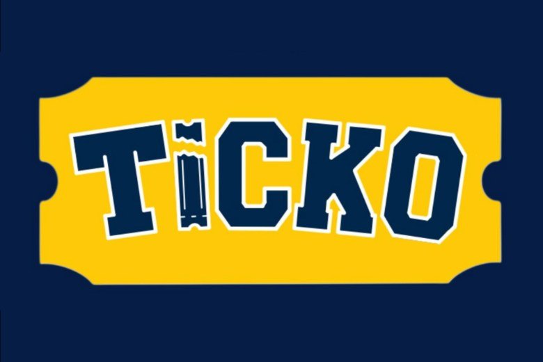 Navy and yellow logo reading TICKO in bold block letters on a ticket-shaped graphic.