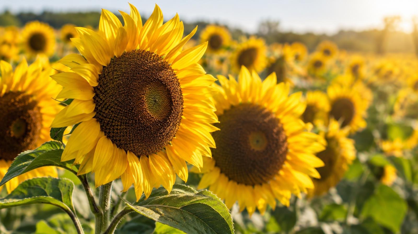 Rows of tall yellow sunflowers with brown centers in a sunny farm field.