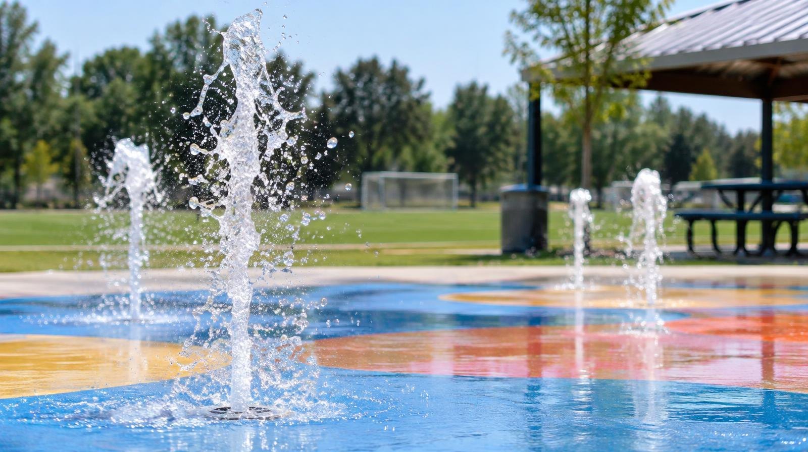 Water jets spraying upward from a colorful splash pad surface beside a green turf field.