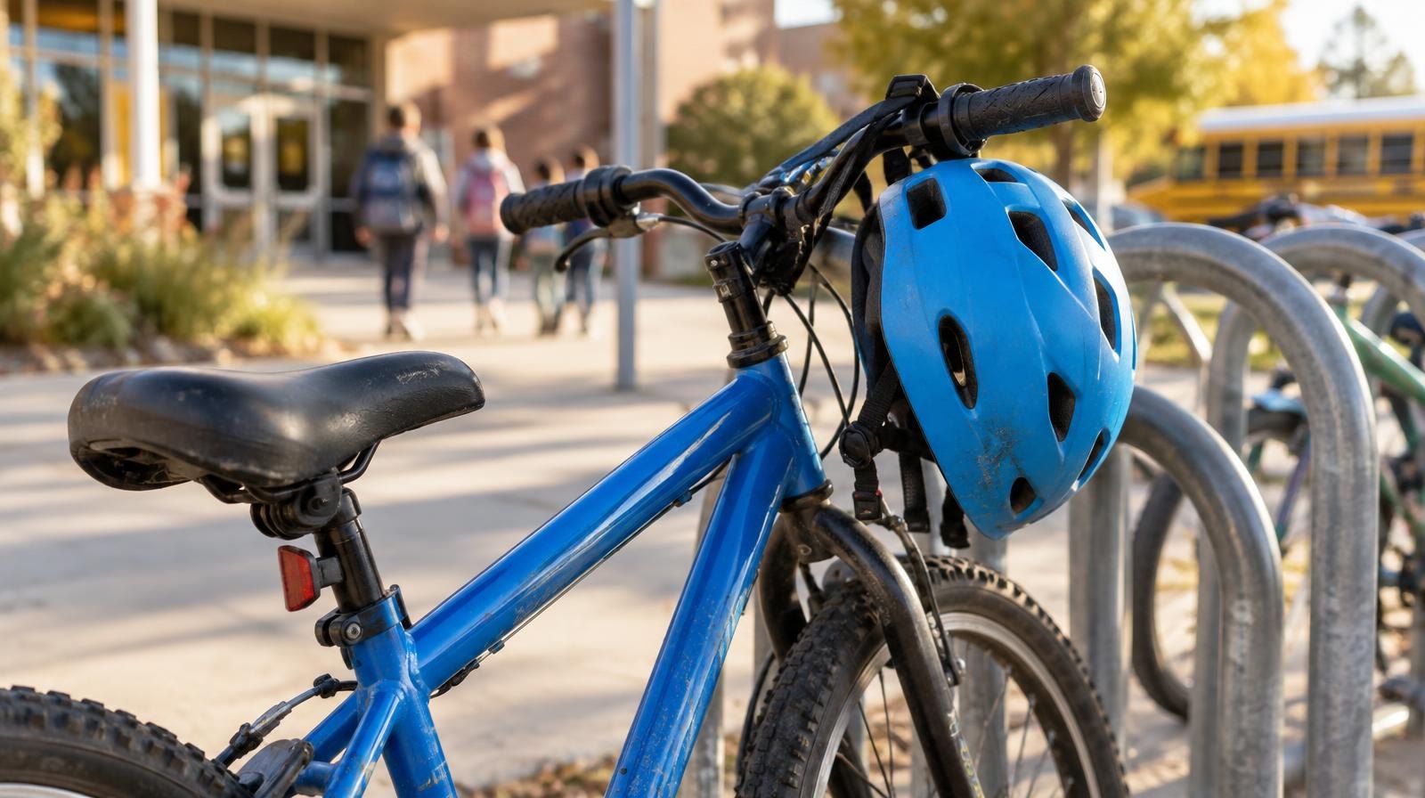 A child's bicycle with a helmet on the handlebars at a bike rack.