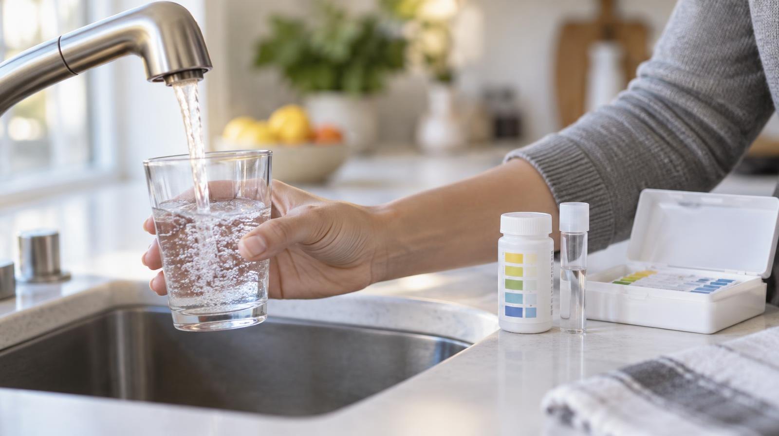 Kitchen faucet filling a glass with water next to a testing kit.