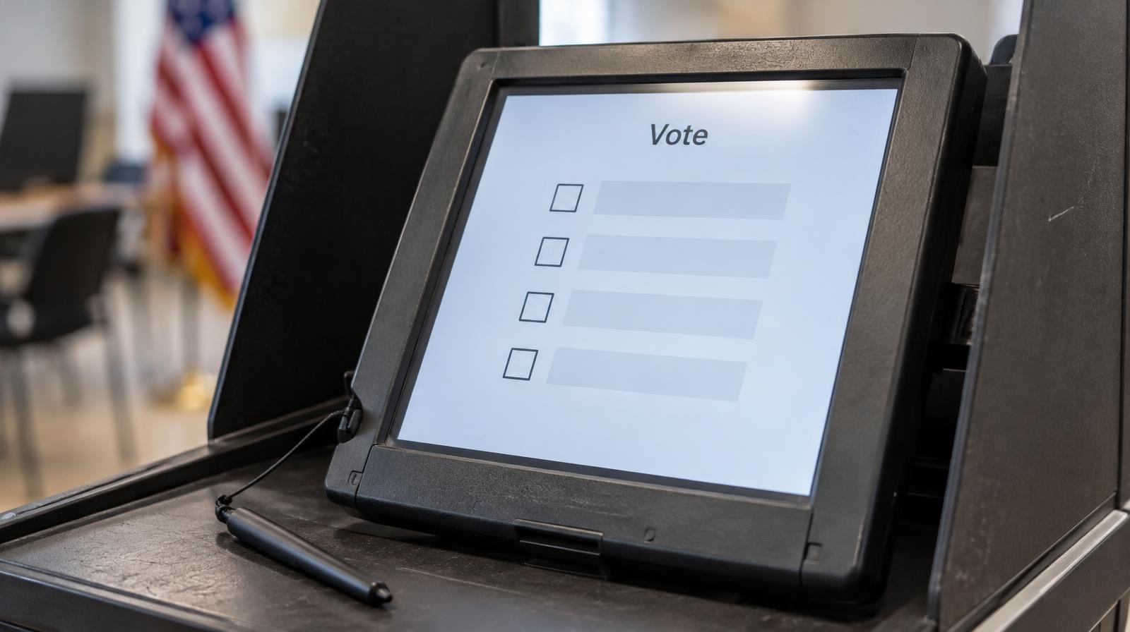 A touchscreen electronic voting machine with a stylus resting on a table beside it.