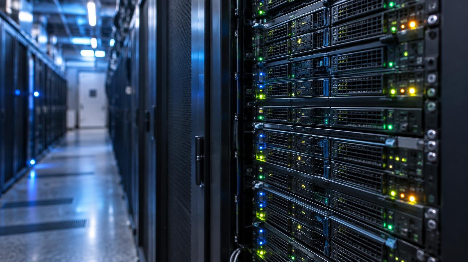Rows of server racks with blinking indicator lights in a dimly lit data center.