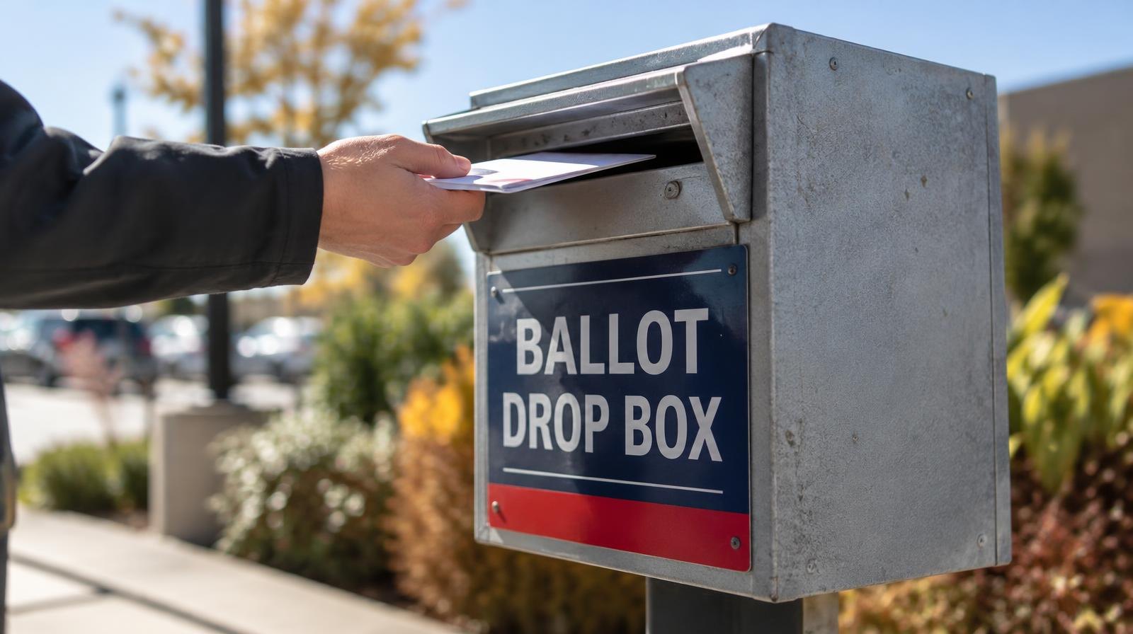 Secure metal ballot drop box mounted on a post outdoors.