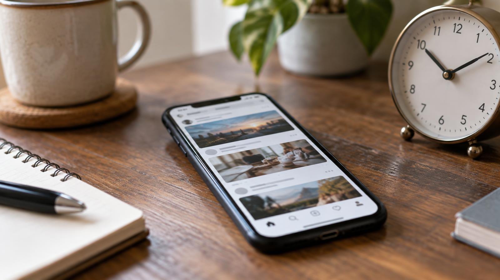 Smartphone with a social media feed on a wooden desk next to a small clock.