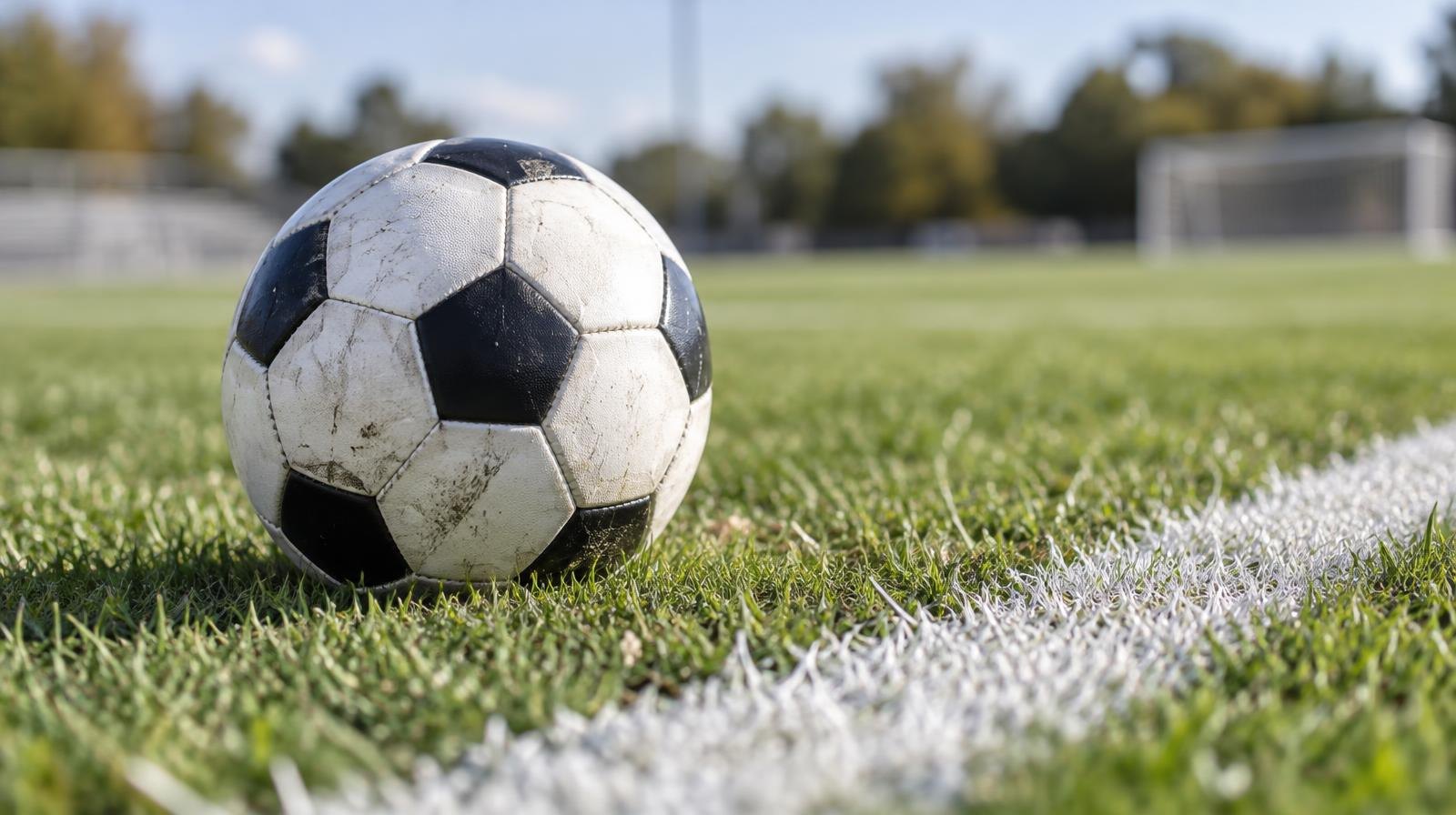 A black-and-white soccer ball resting on a green grass field near a white sideline.