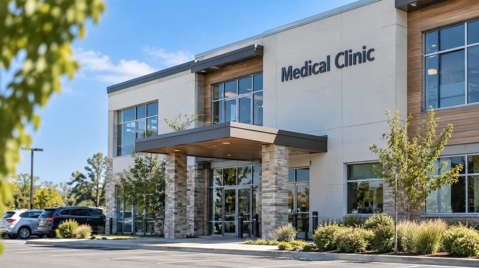 A modern two-story medical clinic building with large windows and landscaped parking area.